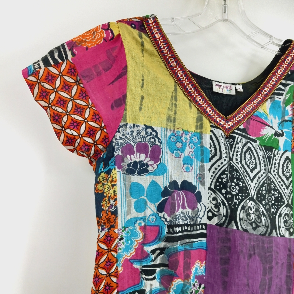 Funky Pepple Tunic Size S Multicolor Patchwork Print Lace Layered Cotton V-Neck - Picture 4 of 9